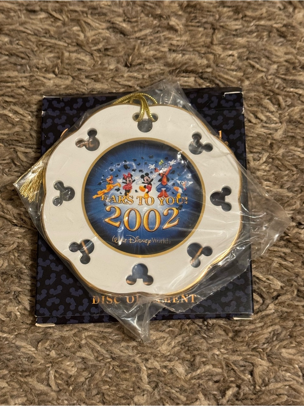 Disney 2002 Ears To You Blue and Gold Disc Ornament Box